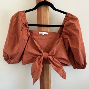 Olivaceous Rust Tie-Front Puff Sleeve Crop Top